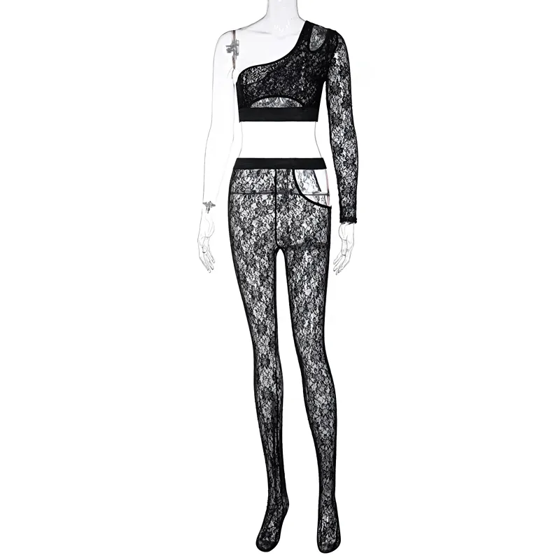 Patchwork À Manches Longues Une Épaule Femmes Dentelle 2 Pièces Ensemble Crop Top Taille Haute Leggings Évider Voir À Travers Sheer Club Party 210517