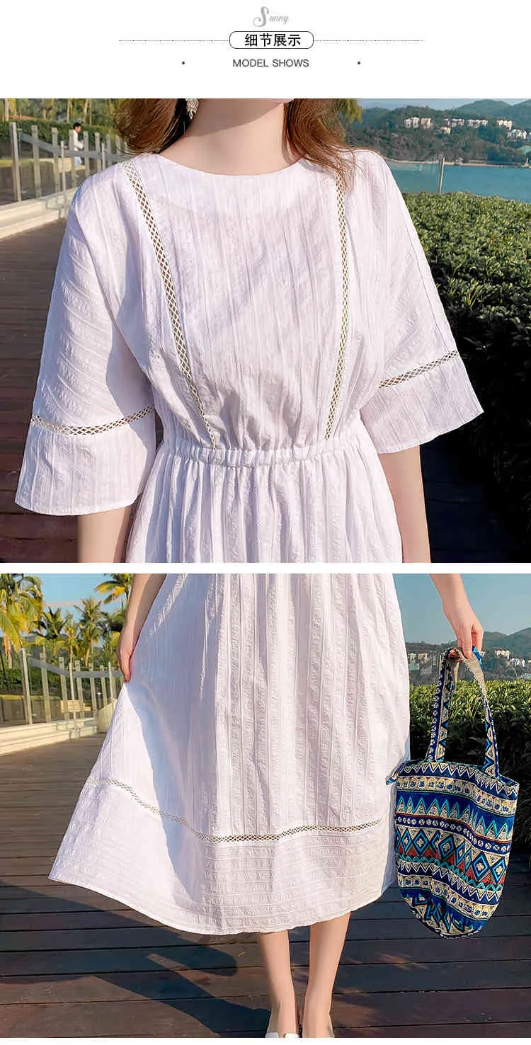 Spring Summer Women's Three Quarter Sleeve O Neck Vintage Female Big Swing Elastic Waistline A Line Dress Long Vestidos 210514