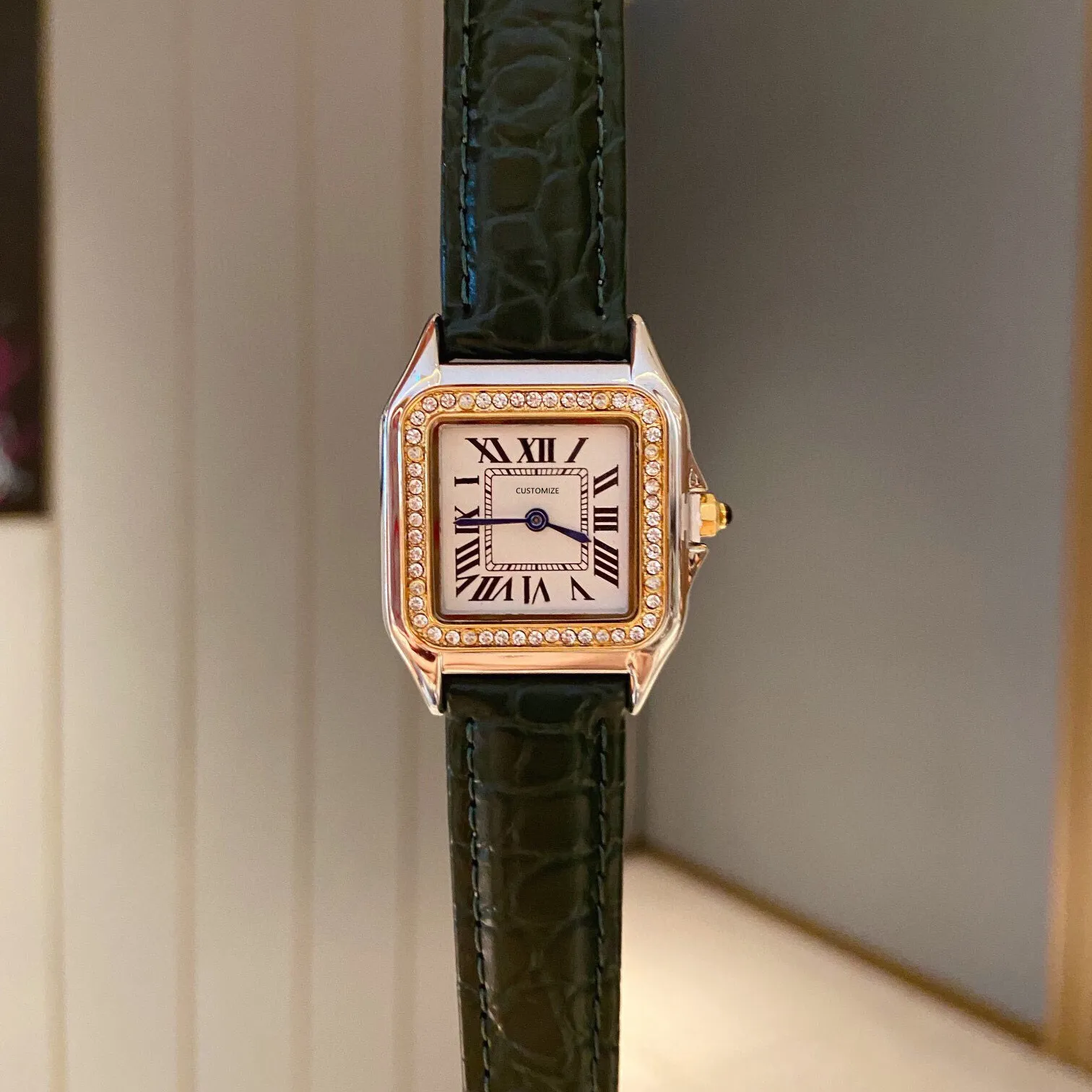 Femmes montres à Quartz en acier inoxydable cristal diamant lunette géométrique numéro romain carré montre-bracelet célèbre dames horloge 27mm