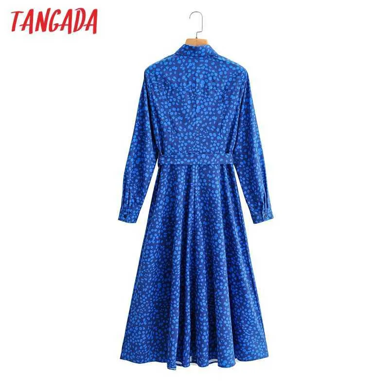 Tangada Moda Donna Blu Leopard Print Abito camicia Primavera Arrivo Manica lunga Signore Abito longuette Abiti 1F27 210609