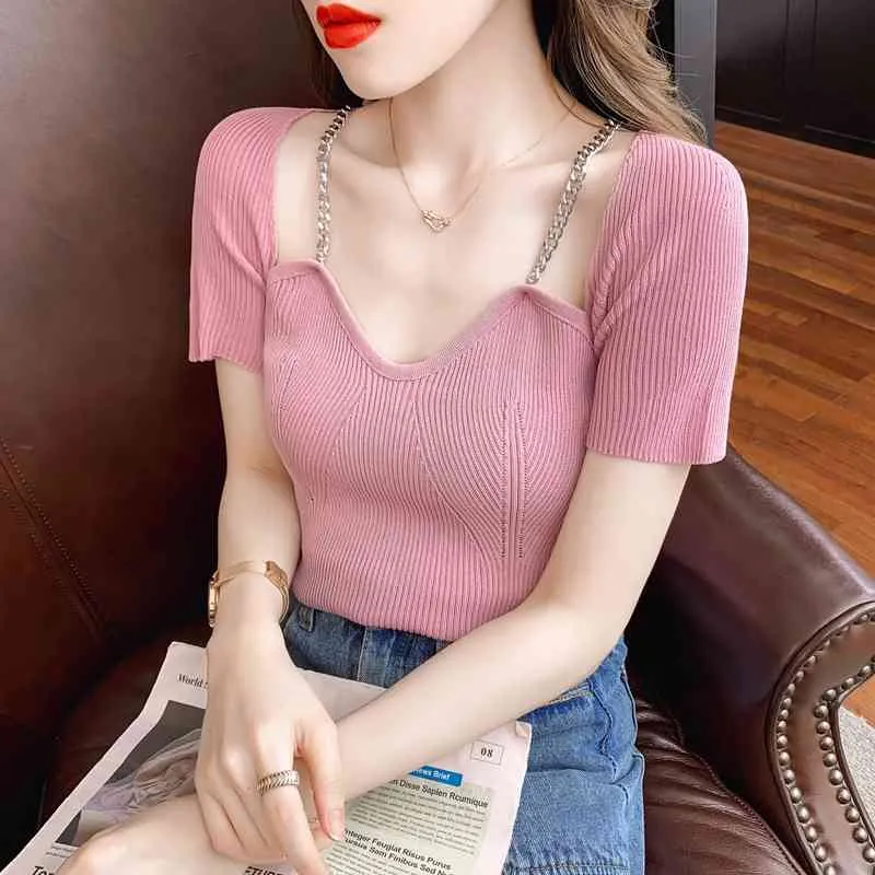 estate coreano chic maglione di seta del ghiaccio donne sottile a maniche corte T-shirt sottile sexy collo quadrato top corto abbigliamento donna 210520