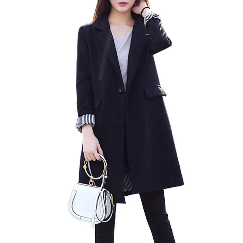 高品質のカジュアルな女性の長いジャケットスーツ黒い秋と冬のファッションプラスサイズの気質の女性ブレザー210527