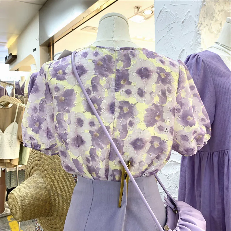 Korobov Purple Print Puff Krótki Rękaw Kobiety Bluzki Wiosna Lato Nowy O Neck Koszulki Koreańskie Biuro Lady Blusas Mujer 210430