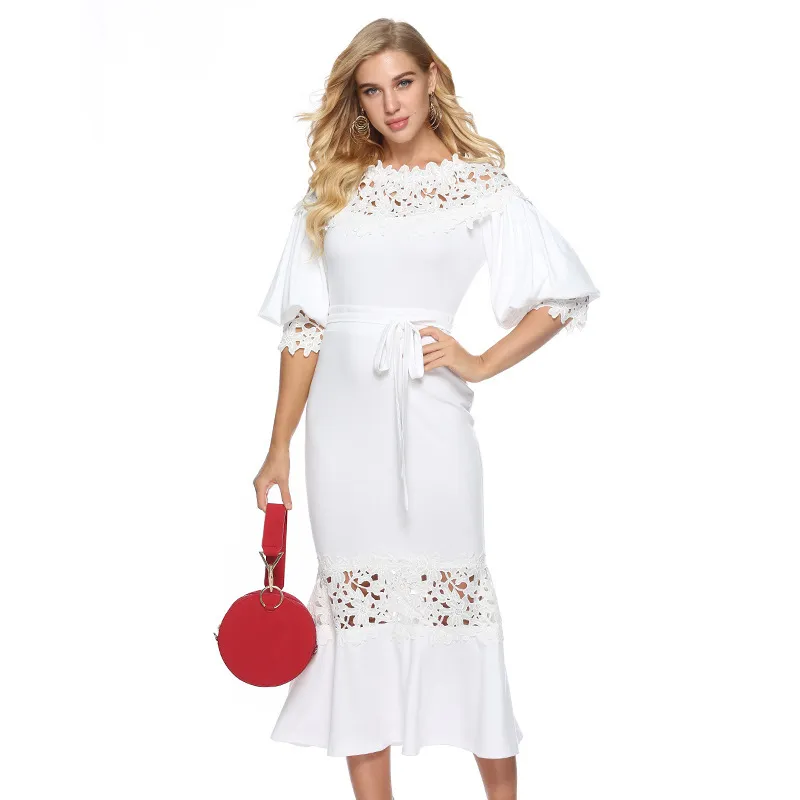 Kadın Elbise Puf Kollu Dantel Patchwork Bandaj Seksi Elbiseler Vintage Beyaz Artı Boyutu Moda Oymak 210513