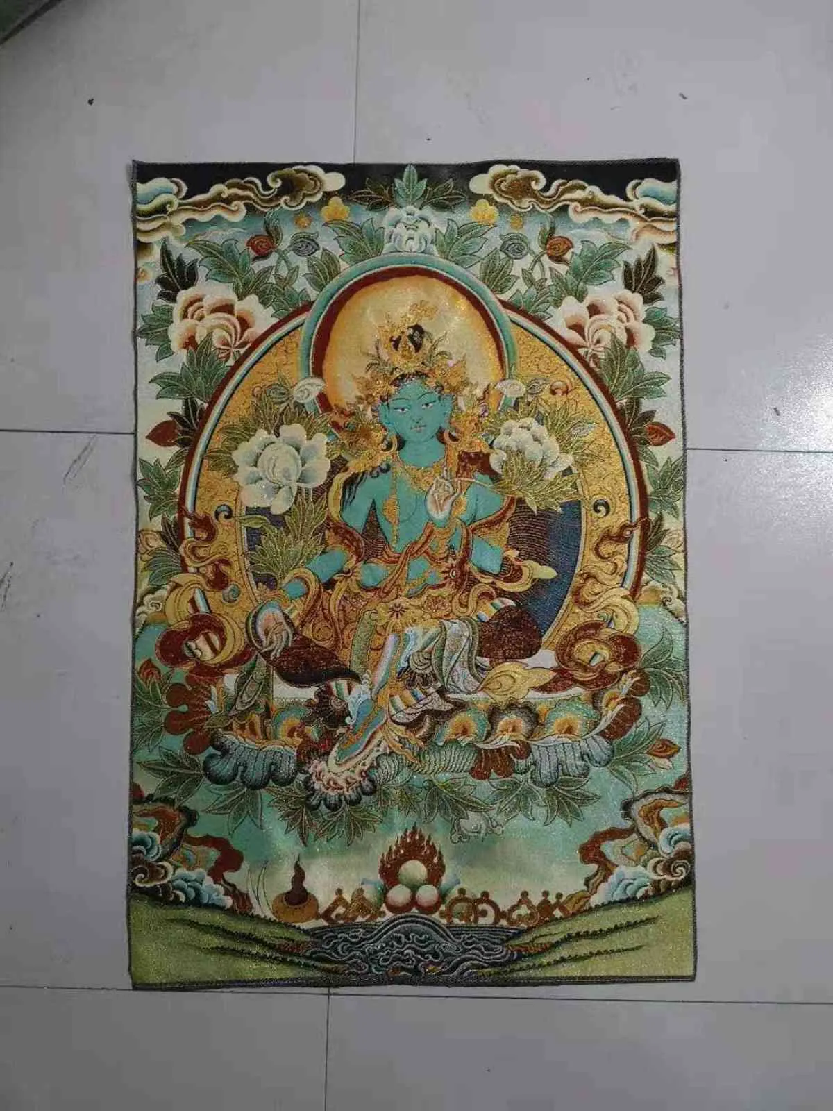 チベット仏教シルク刺繍シートグリーンタラタンカ絵画壁画。 211108