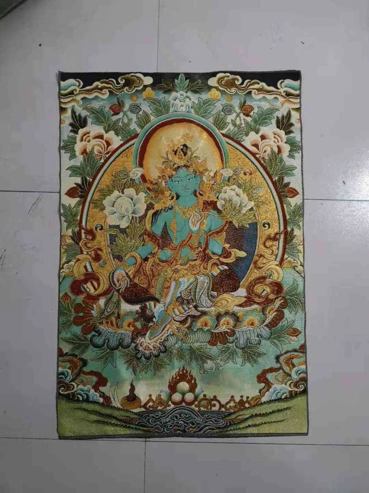 Tibet budismo seda bordado assento verde tara thangka pintura mural. 211108.