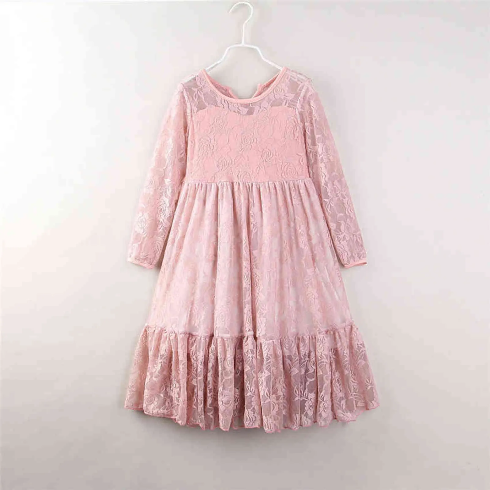 Barn Vår Långärmade Klänningar För Flickor Rosa Lace O-Neck Baby Girl Party Bow Princess Dress Toddler Teenage Barnkläder G1129