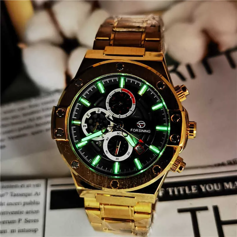 Forsining Golden Men's Mechanical Automatic Watch Racing Car Design 3 Sub Dial Date Montre-bracelet militaire Horloge Relogio Masculino Q0902