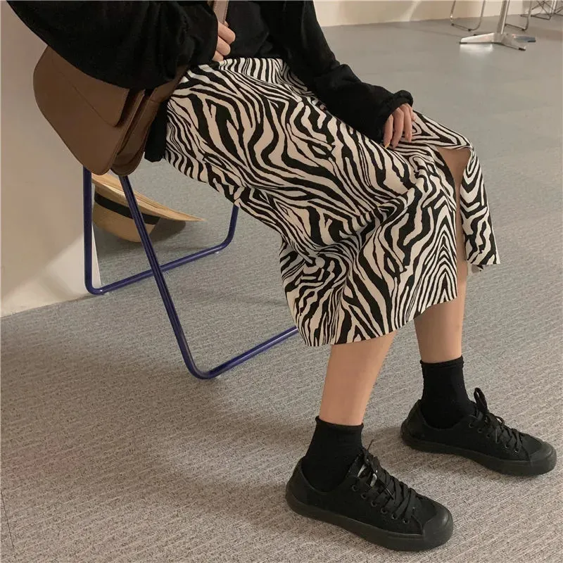 Zebra Stripe Femmes Slit Midi Jupe Harajuku Taille haute Droite Animal Imprimer Femelle Bottom Party Night Club Dames 210421