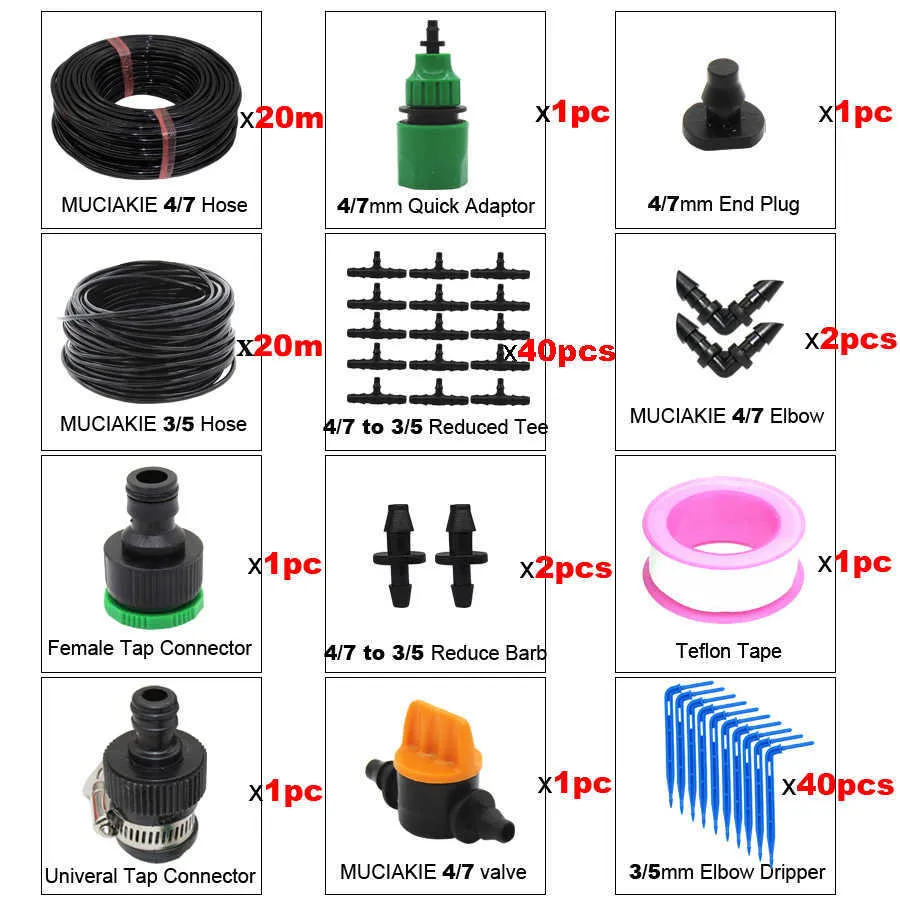 MUCIAKIE 50 m bis 10 m Tropfbewässerungs-Bewässerungssets, 4/7 mm bis 3/5 mm, Mikro-Hausgarten-Bewässerungssystem, Wasser, Topfpflanzen, reduziert 210610