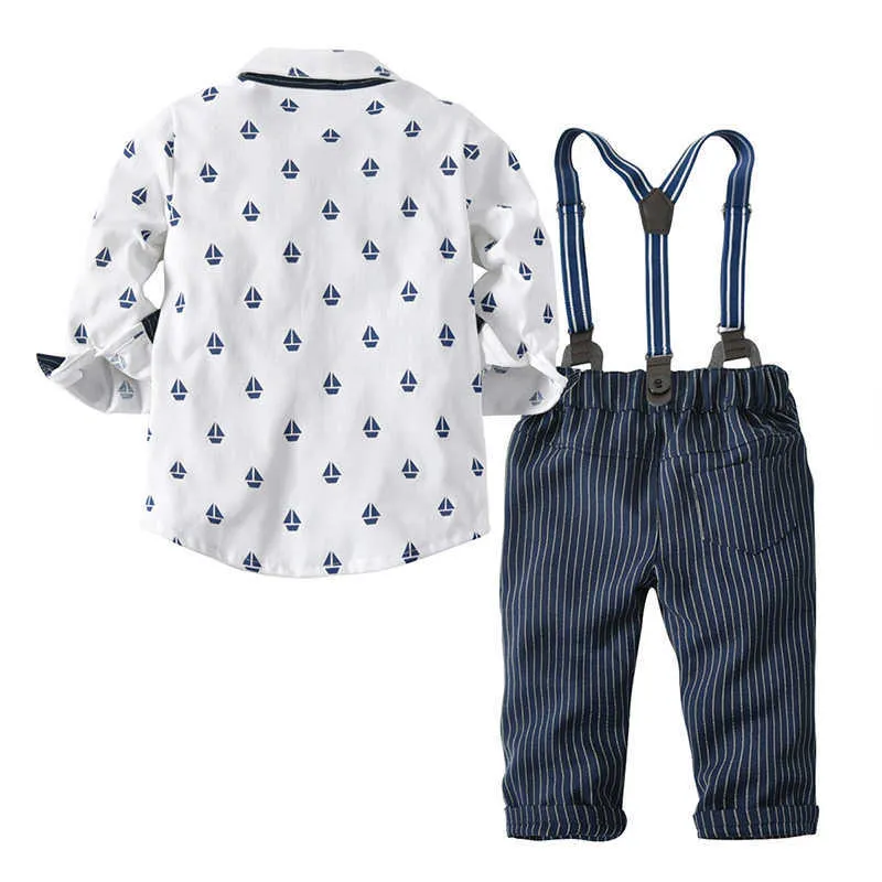 Garçon Ensemble Printemps Automne À Manches Longues Gentleman Chemise Top Cravate + Bretelles Pantalon Trois Pièces Mode Casual Toddler Enfant Vêtements 210528