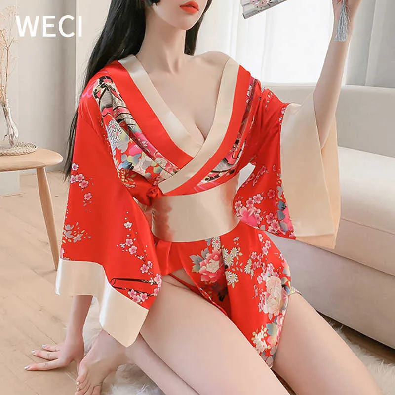 WECI Women039s Kimono Nachtkleding Zijden Pyjama Cosplay Vrouwelijke Japanse Kostuum Zwart Rood Sexy Lingerie Exotische Nachtjurk Underwe2343412