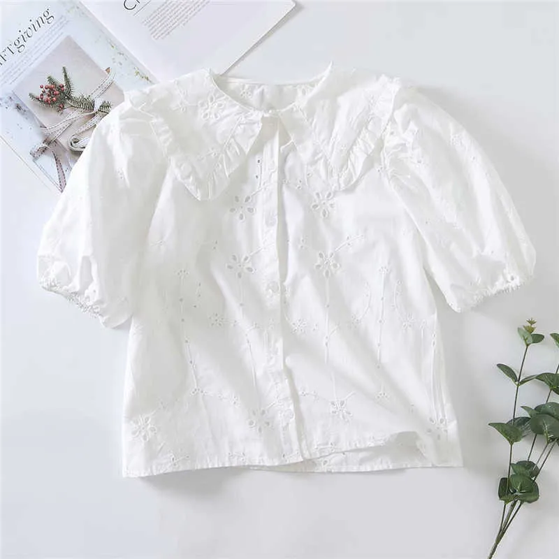 Za kobiety białe haftowane koszulę krótkie rękaw puffowy oczek haft lato topy eleganckie przednie przycisku kobieta ażurowa bluzka 210602