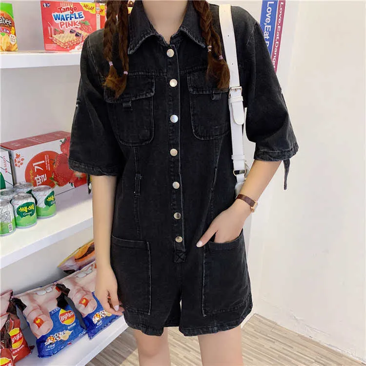 JumpsuitsRompers Oversize High Waist Kortärmad Svart Lapel Denim Rompersplaysuits Belt Retro Straight Loose Wide Legs Wild 210610