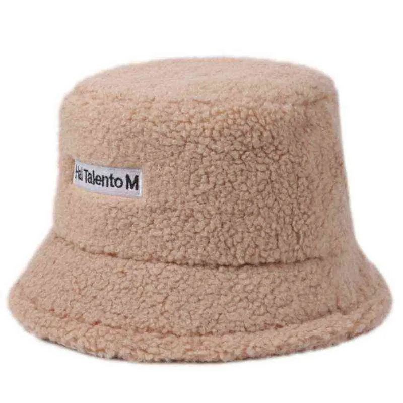 Kadınlar Kış Kalınlaşmak Sıcak Faux Polar Kova Şapka Harfler Etiket Katı Renk Harajuku Öğrenci Ayarlanabilir Fisherman G220311
