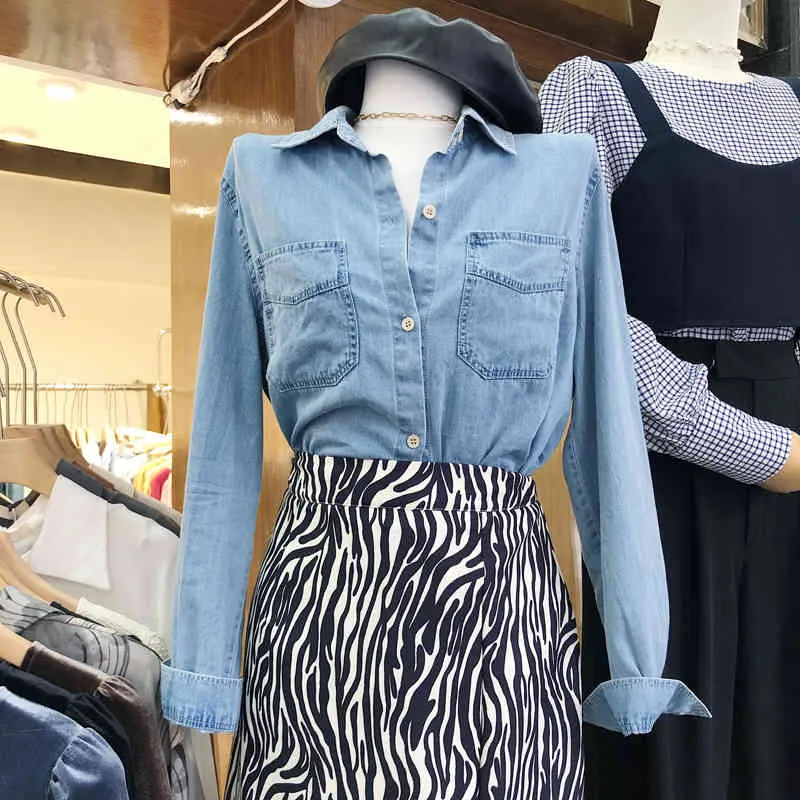 봄 간단한 데님 블라우스 여성 버튼 셔츠 싱글 브레스트 긴 소매 여성 탑스 포켓 블루 마스 Mujer 210514