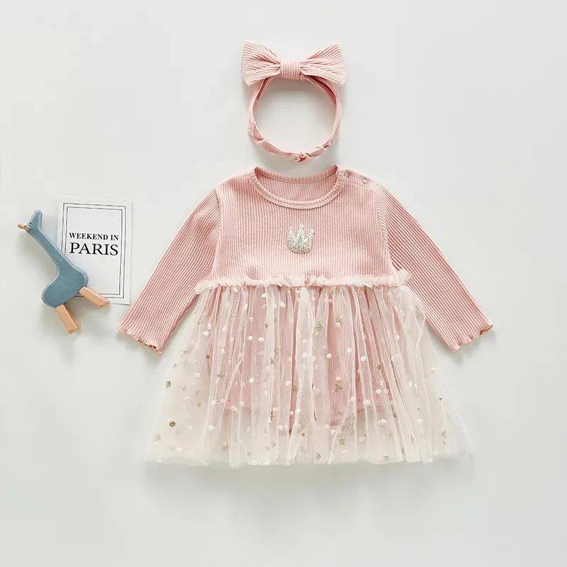 Baby Girl Crown Impression Princesse Robe Romper Automne Vêtements mignons Né Fête d'anniversaire 210515
