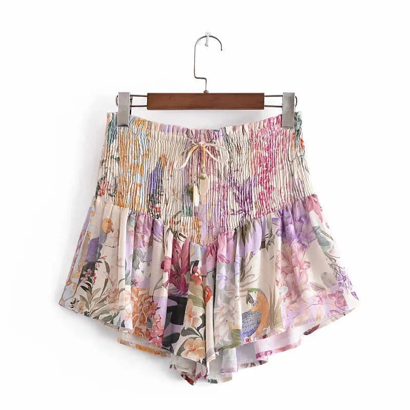 Pantaloncini da donna estivi a vita alta con stampa floreale corti casual Cottagecore elastici regolabili con coulisse 210719