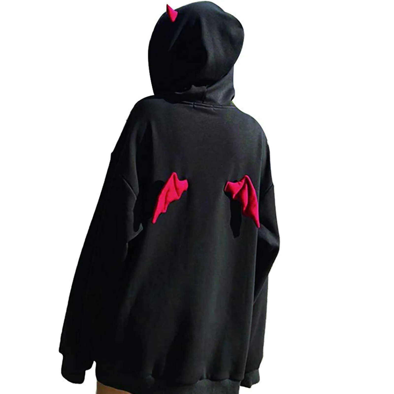 Harajuku hoodies tjej lilla djävulen horn gotiska hooded sweatshirts kvinnor demon fluga vingar lösa pullovers pocket toppar streetwear y0820