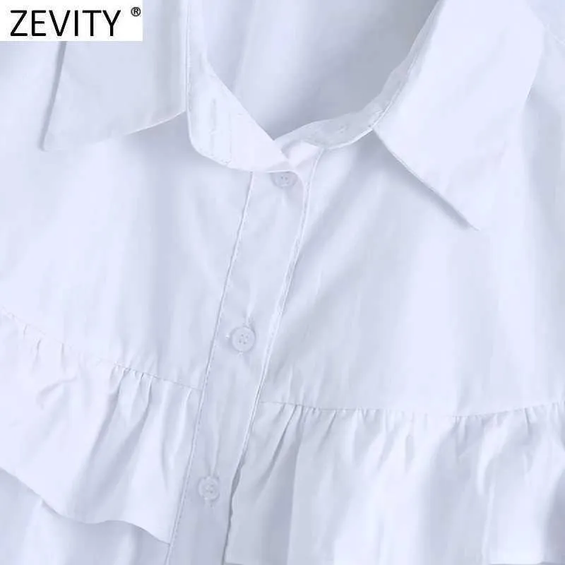 Zevity Women Fashion Cascading Ruffle Vit Smock Blus Kontor Lady Breasted Poplin Chic T Shirts Business Femininas Tops LS9006 210603