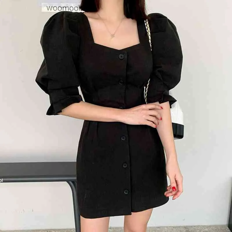 Ezgaga韓国のシックなエレガントなドレス女性Puffの半袖スクエアカラーシングルブレストソリッドハイウエストドレスレディファッション210430