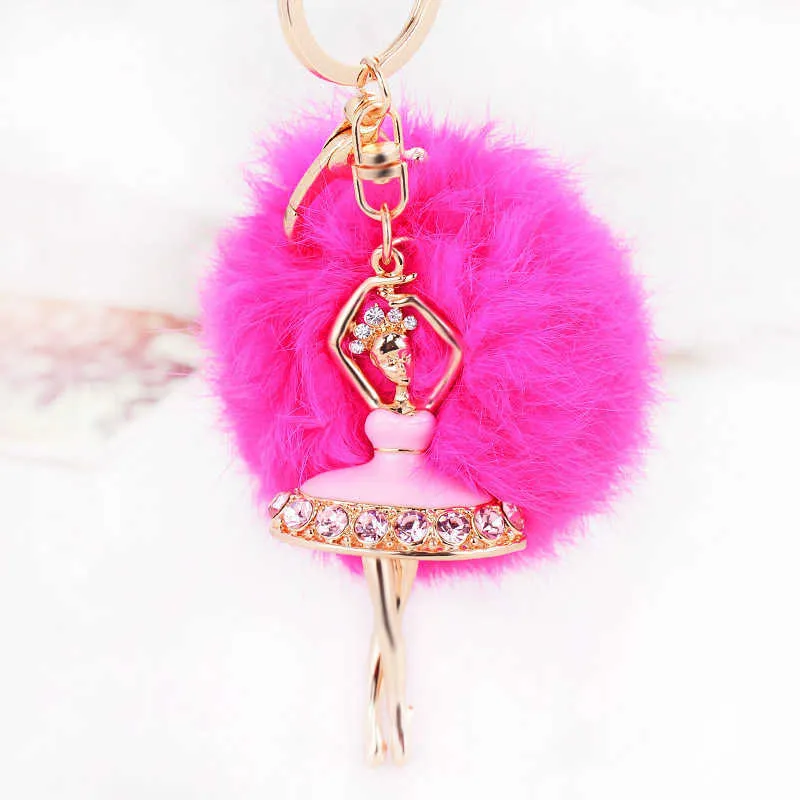 Llaveros de Metal bonitos de Ballet-Dancing-Angel, llavero de pompón esponjoso, pompón de bola de piel de conejo, bolso de mujer, colgante de coche, llavero, joyería G1019