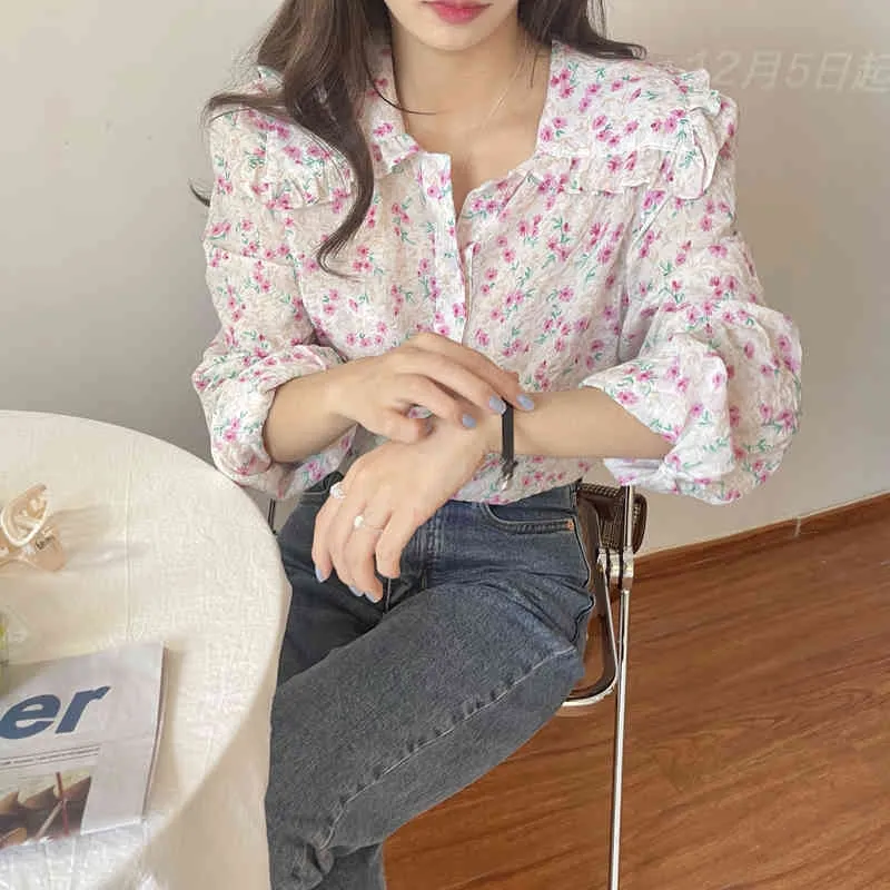 Печатные флоры женские женщины плиссированные элегантные моды офис леди корейский шик блузки сладкие свободные рубашки 210421