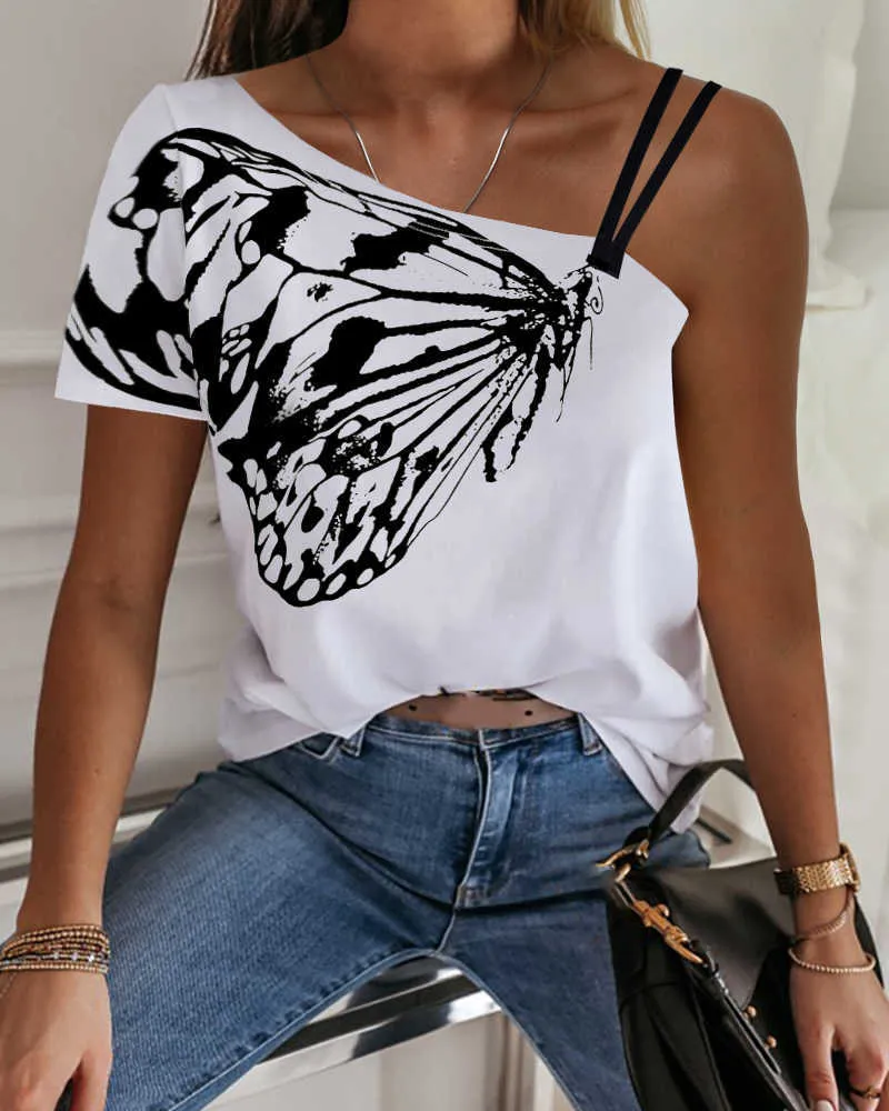 夏の女性ファッションカジュアルTシャツ夏のトップティートップスティーシャツプラスサイズワンショルダー特大Tシャツ210716
