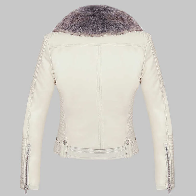 Fitaylor Women Winter Warm Faux Leather Jacket with Fur Collar女性ピンクPUオートバイジャケットバイカーパンクブラックアウター210923