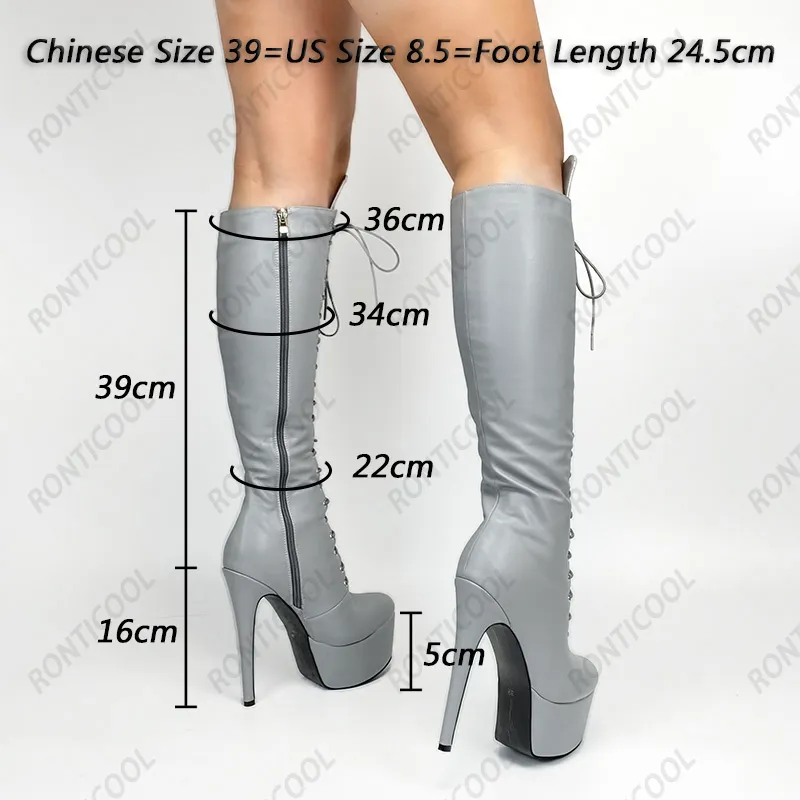 Rontic High Quality Women Winter Knee Boots Waterproof Stiletto Heels Round Toe Boutique Black Grey Shoes Plus US Size 5-20