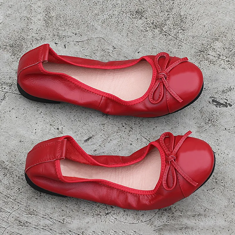 Klassiska ballett lägenheter skor kvinnor loafers äkta läder slip-on mjuk vikbar sko elegant dam arbetsskor stor storlek moccasins
