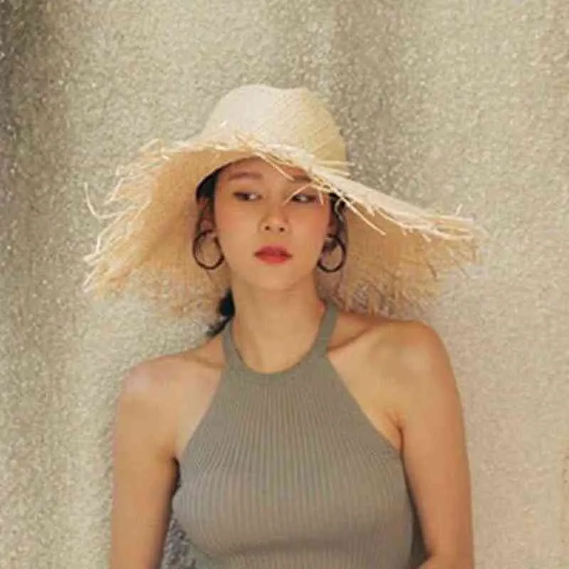 Nieuwe handgemaakte vrouwen stro zon hoeden grote brede rand gilrs hoge kwaliteit natuurlijke raffia panama strand stro zon caps voor vakantie G220301