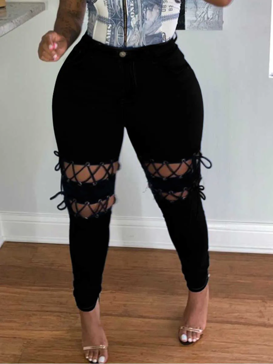 Arrivals Women Solid Lace-up Hollow Out Jeans Winter Plus Size Lady's Streetwear High Waist Skinny Denim Pencil Pants 210616