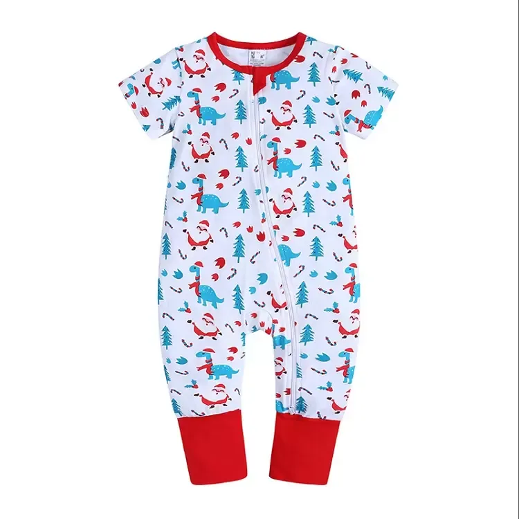 Sommar Jul Baby Rompers Söt Nyfödd Kids Girl Casual Kortärmad Långa byxor Santa Claus Trees Snowman Printed Zipper Jumpsuits Toddler Kläder