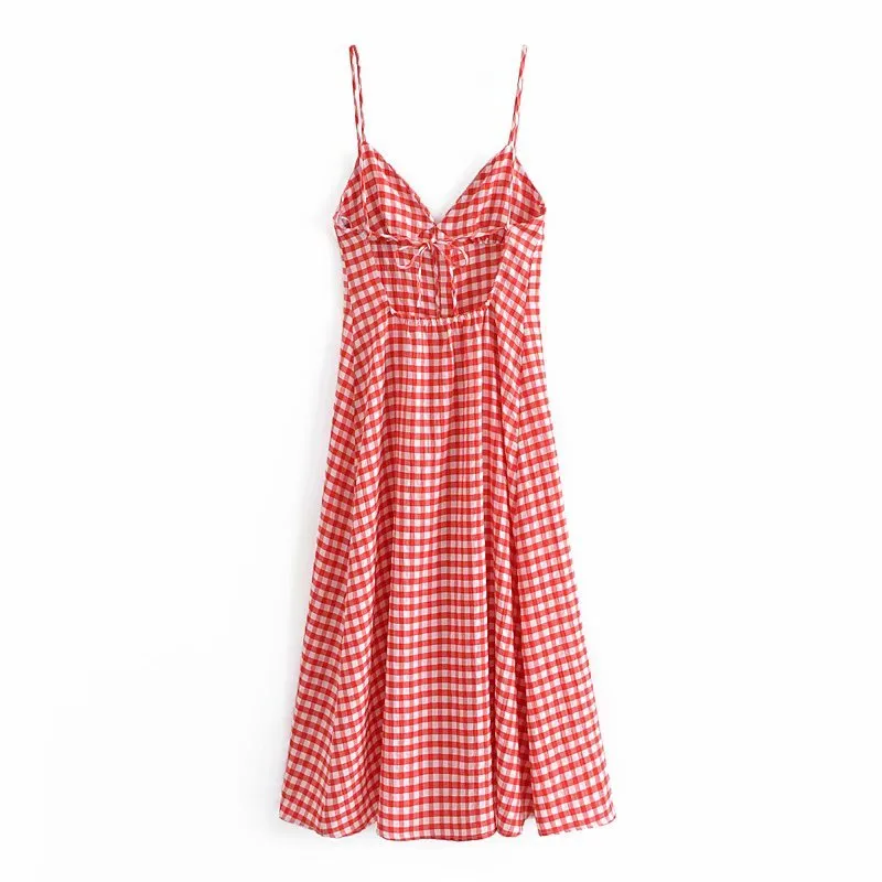 VuWyv Red Plaid Backless Slip Midi Sukienka Kobiety Letnie Casual Cienkie Pasy Kobiety Suknie Moda Streetwear Vestidos Bow 210430