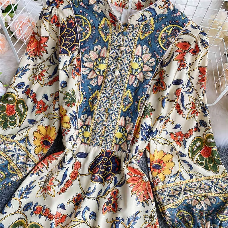 Spring Autumn Casual Women Puff Sleeve Floral Print Dress Vintage Ladies Button Mini Bohemia Fairy 210423
