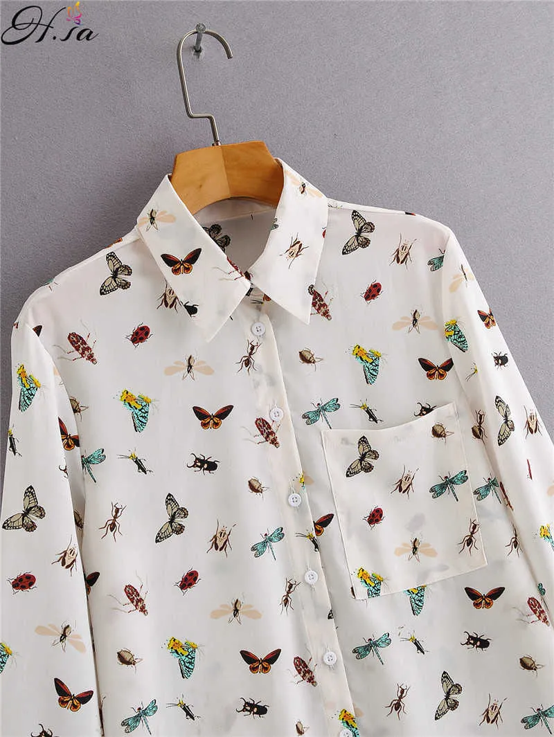 HSA Birds Print Shirts 35% Cotton Female Tops Fashion Spring Summer Loose Casual Ladies Shirt Butterfly Tops White 210716