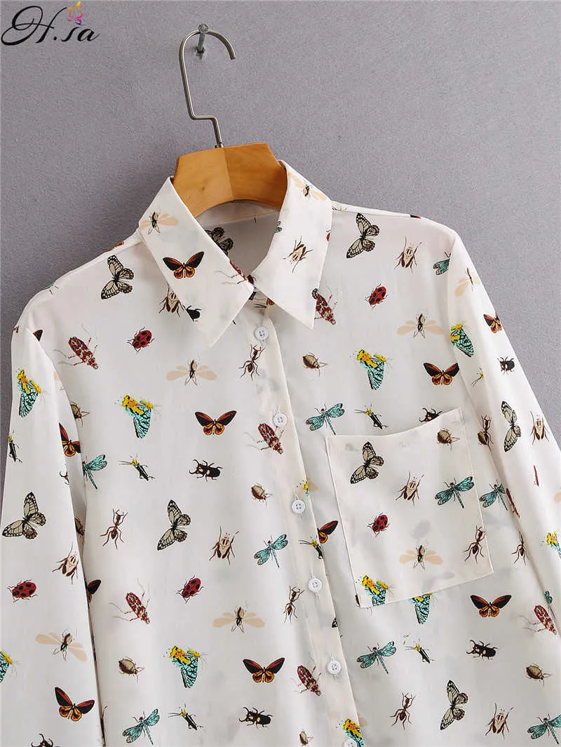 Hsa fåglar tryck skjortor 35% bomull kvinnliga toppar mode vår sommar lös casual dam skjorta fjäril toppar vit 210716