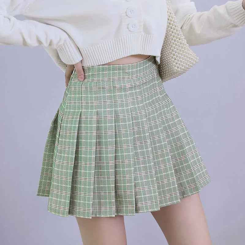 Autumn Women Skirts Korean High Waist Plaid Mini School Girls Sexy Cute Pleated with Zipper 210621