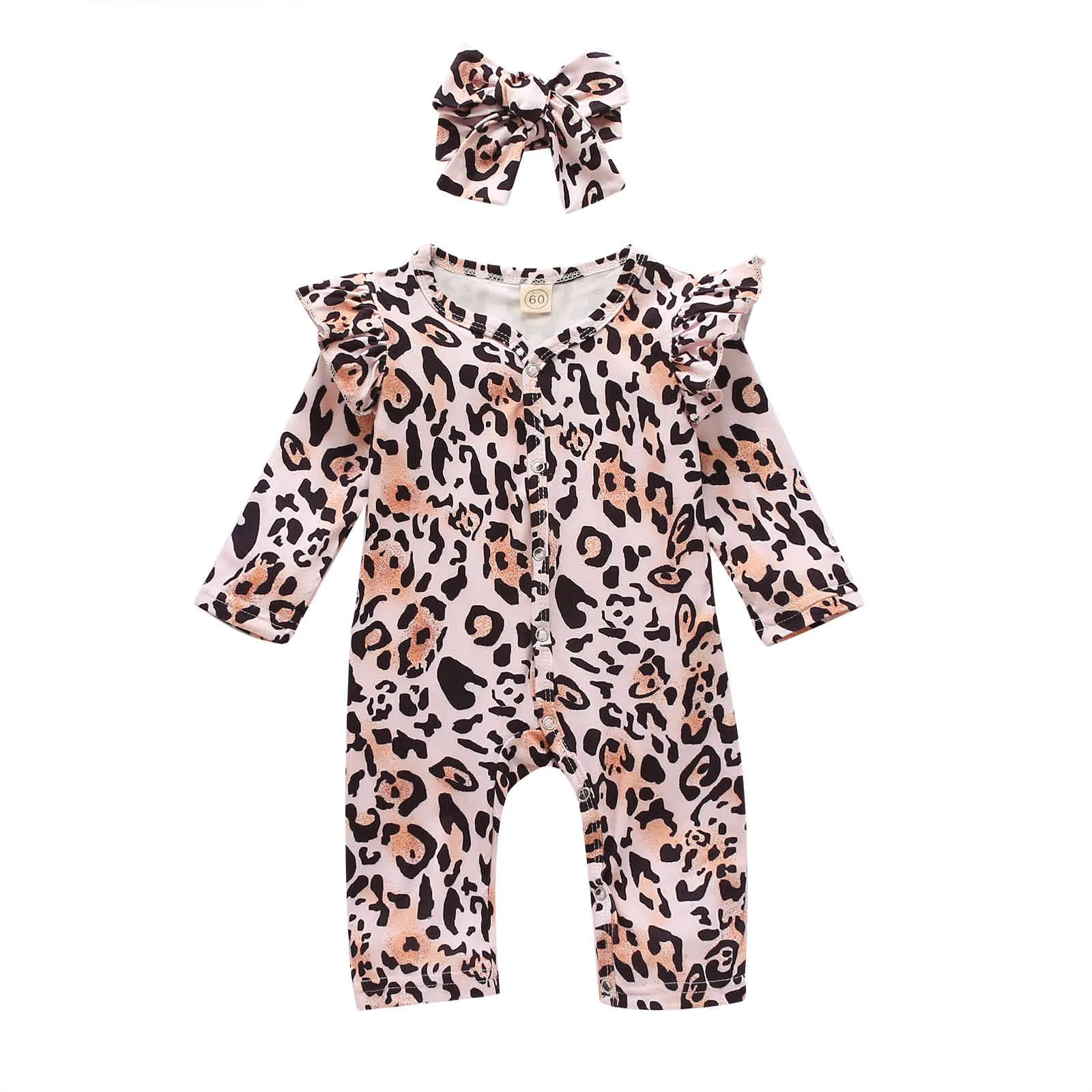 0-12m 봄 가을 태어난 유아 아기 소녀 옷 Leopard Romper Long Sleeve Jumpsuit + 헤드 밴드 210515