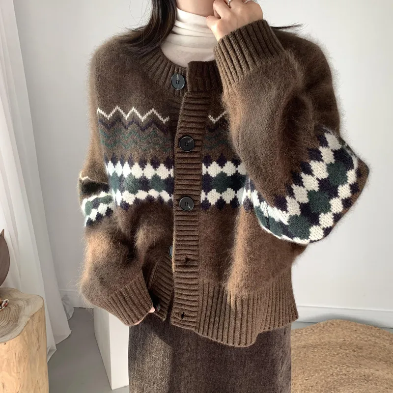 H.SA Women Casual Cardiganss Long Sleeve Soft Warm Ladies Knitted Jumper Tops Argyle Vintage Cardigan Sweater Female 210417