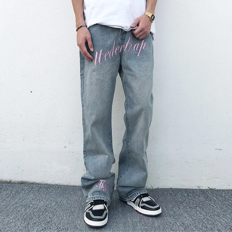 Loose Pink Brev Broderi Tvättade Mens Jeans High Street Oversize Straight Casual Denim Trousers Baggy Jean Byxor