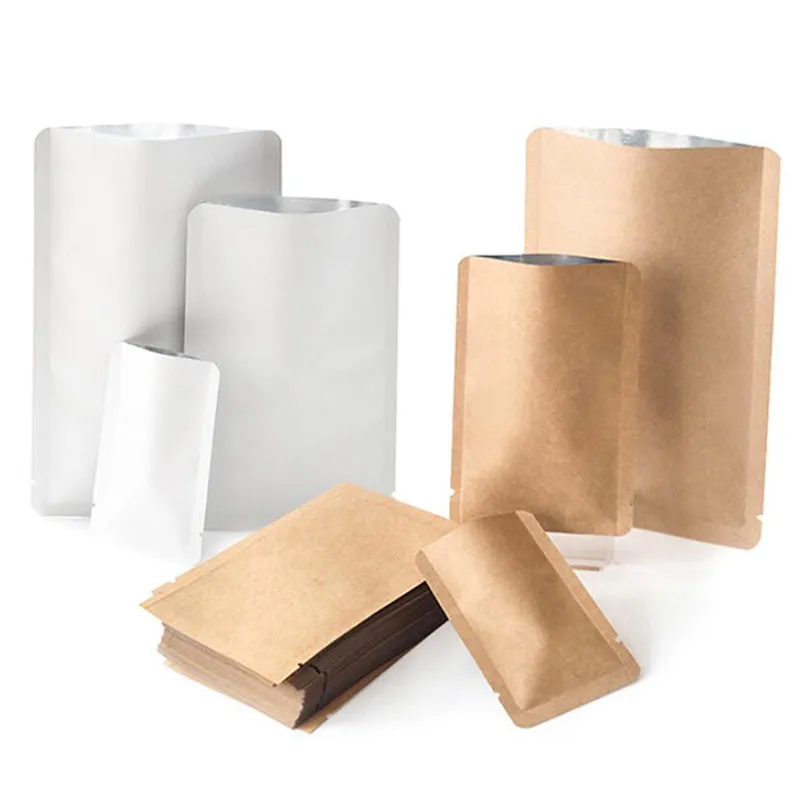 Kraft Paper Small Food Storage Packaging Pouches Pure Aluminum Foil Open Top Vacuum Bags Heat Seal for Coffee Tea