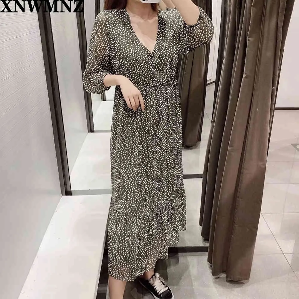 Za dress Women vintage v neck polka dots print casual chiffon midi Dress female three quarter sleeve Vestidos Chic Dresses 210510