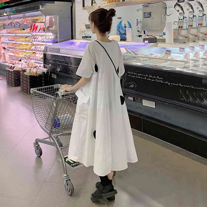 コロバフ新しい甘い白い水玉ドレスプレッピースタイル首の半袖女性のドレスハイウエストスリムAラインvestidos 210430