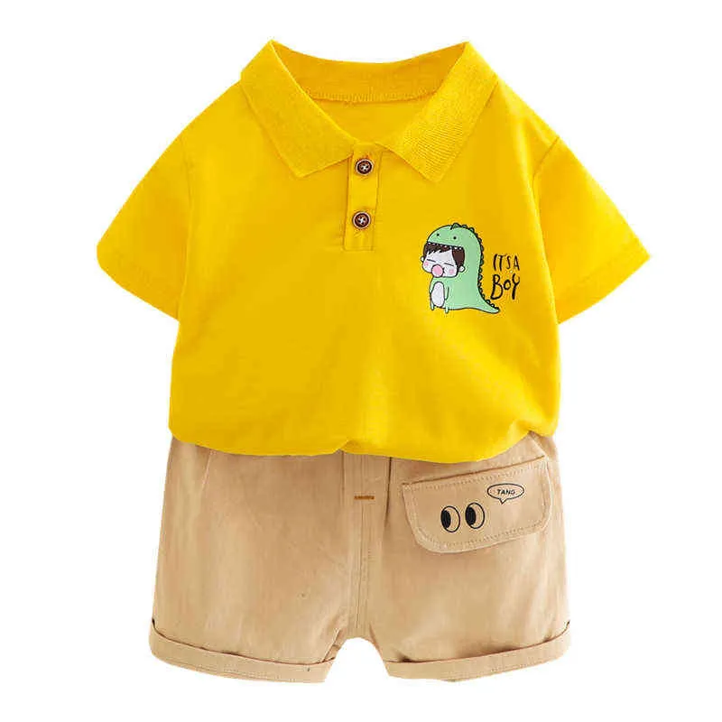 Toddler Infant Sommar Kläder Satser Baby Boys Cartoon Lapel T Shorts Cartoon Dinosaur Kids Outfits Barn Casual Clothes G220310