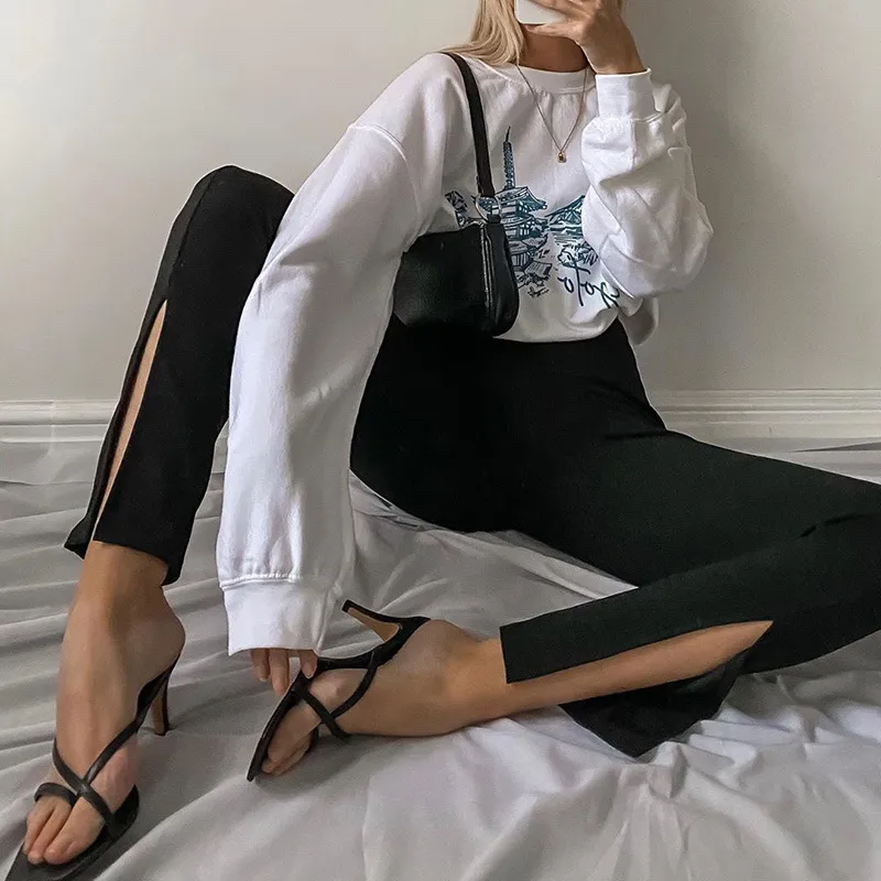 Split Zipper Long Pant Women Black Khaki Slim-fit Trousers Stretchy High Waist Streetwear Simple Autumn Spring Pencil Pants 210521