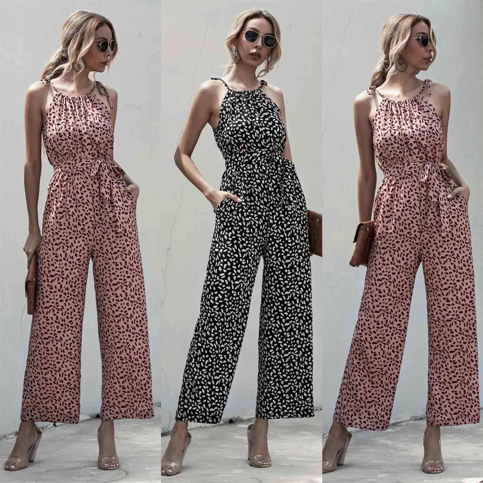 Jumpsuits für Frauen Lace-up Sexy Sleeveless Overall Print Taille Jumpsuits mit Gürtelbüro Dame Overalls für Frauen 210514