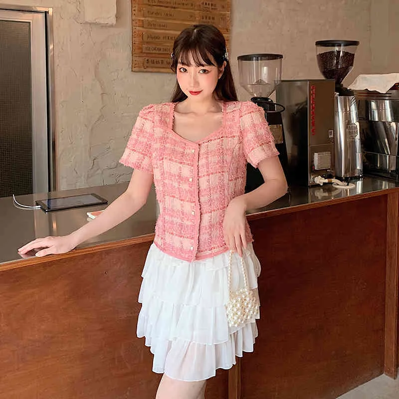 Süße Mode Zweiteiler Damen Rosa Plaid Tweed Kurzarm Chic Tops + Rüschen Chiffon Miniröcke Outfits Weiblich 210518