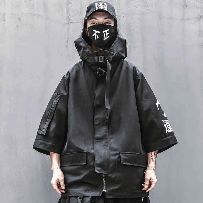 Erkekler Techwear Ceket Siyah Kanji Rüzgarlık Japon Streetwear Moda Kapüşonlu Coat 211217